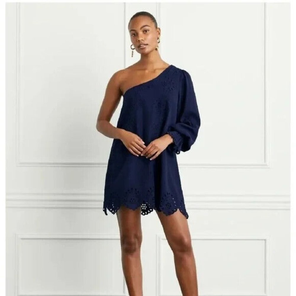 Hill House Womens‎ Mila One Shoulder Embroidered Dress in Navy Linen Size Small